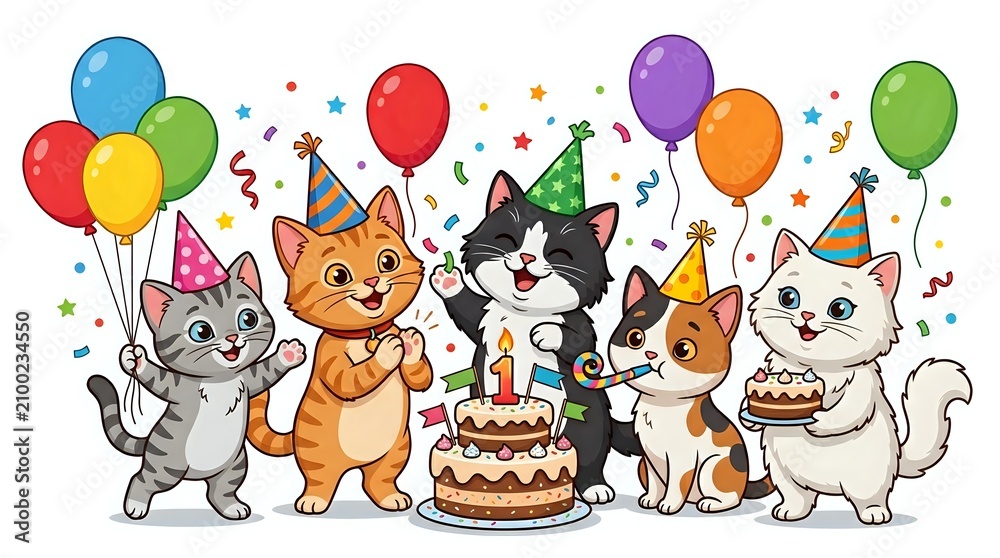 Fototapeta premium Cartoon cats celebrating birthday party with balloons, confetti, cake and party hats. Isolated clipart suitable for greeting cards, invitations, t-shirt designs and children's illustrations.