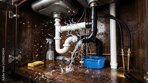 Water spraying from leaking pipes under a kitchen sink cabinet