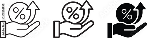 Three hands holding percentage increase icons
