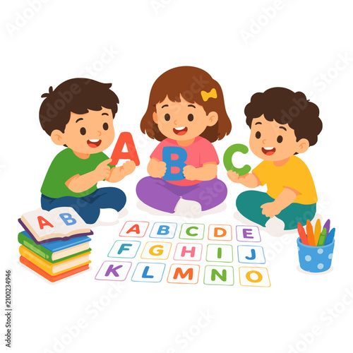 Children Studying Together with Books and Worksheets for Collaborative Learning