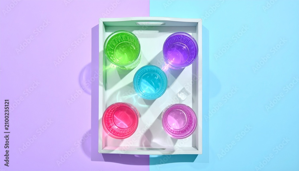Fototapeta premium Colorful Plastic Cups Arranged Bright Tray Scene