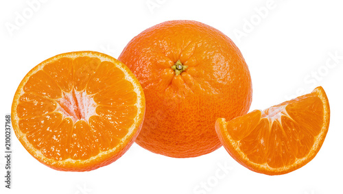 Isolated vibrant fresh ripe oranges whole fruit, half cut, and a juicy slice showing delicious segments
