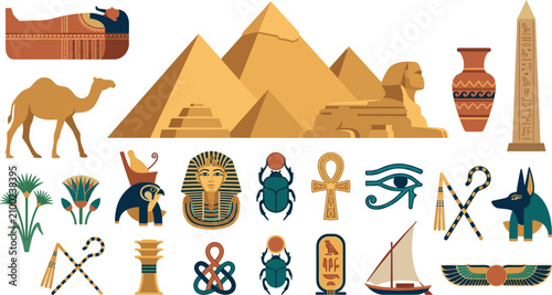 Foto Ancient Egypt Vector Icon Set with Pyramids, Sphinx, Pharaoh Mask, Anubis, Scara