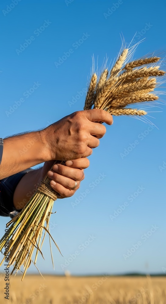 Obraz premium Farmer holding bundle of golden wheat stalks against clear blue sky in harvested field, representing agriculture, grain production, and successful crop yield.