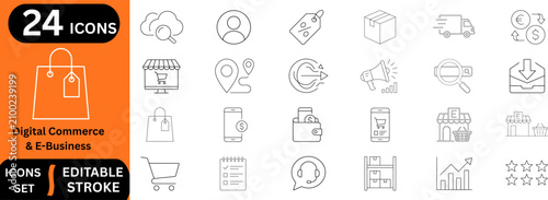 Digital commerce line editable icon set. Containing online shopping cart, store delivery truck, market analysis growth chart, financial wallet, sale discount tag, and more. Editable stroke. Vector ill