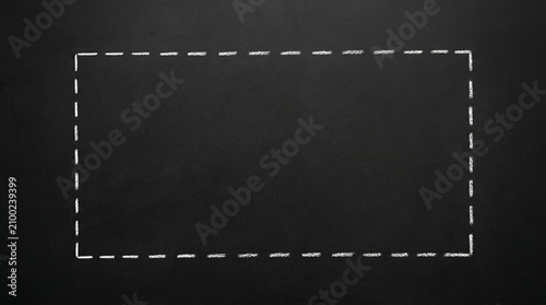 Minimal Black Chalkboard Background with Dashed Chalk Border Frame and Empty Copy Space, High Detail Photography