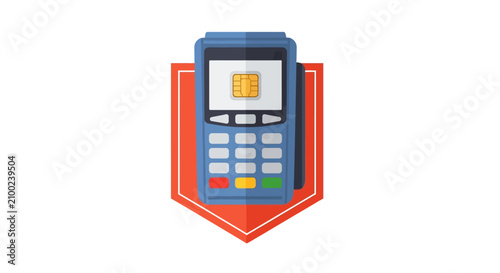 Картината върху платно Payment terminal with credit card on red shield badge vector illustration