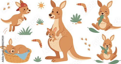 Tableau sur toile Cute Kangaroo and Joey Vector Character Set with Australia Wildlife Elements Boo