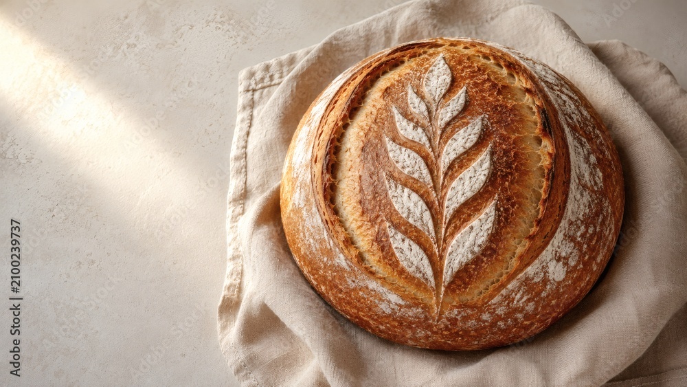 Obraz premium A single round loaf of sourdough bread with a beautiful wheat leaf design on top, on a beige cloth.