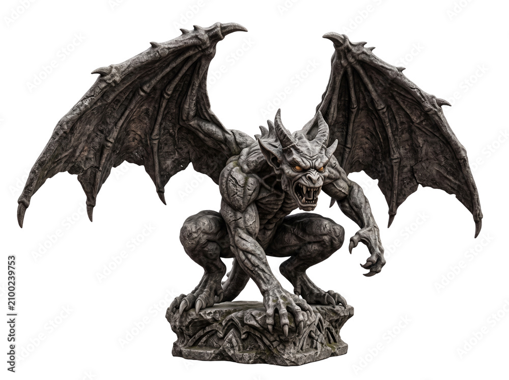 Fototapeta premium Ancient Gothic Stone Gargoyle Statue with Large Wings Isolated on Transparent Background