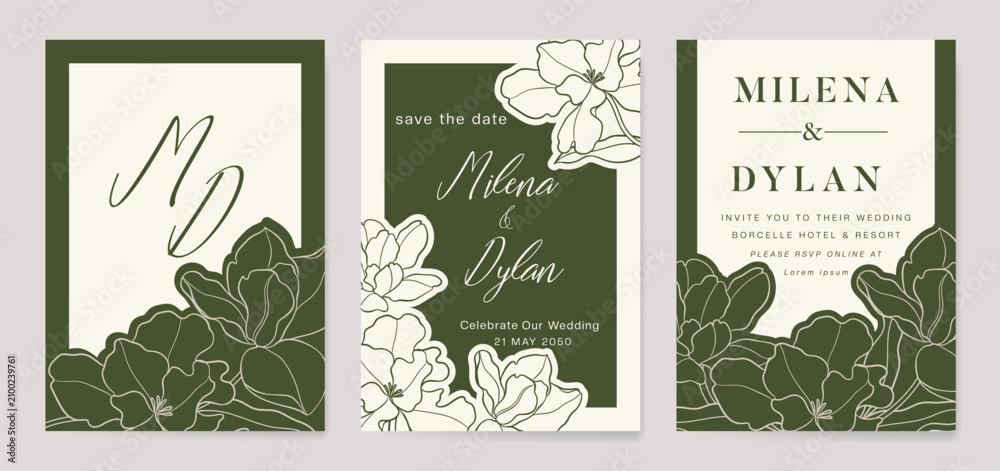 Fototapeta premium Luxury wedding invitation card vector template. Green background with line art, flower, leaves branches, foliage. Design illustration for vip cover, poster, rsvp modern card. 