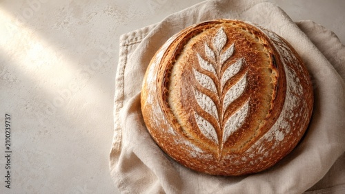 Cuadro en lienzo A single round loaf of sourdough bread with a beautiful wheat leaf design on top, on a beige cloth