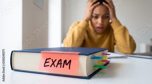 A stressed female student looking at a textbook with sticky tabs labeled exam, suitable for academic pressure or test anxiety concepts