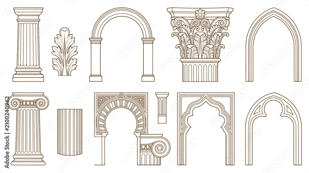 Obraz premium Architectural Elements with Classical Columns and Arches in a Detailed Line Art Style