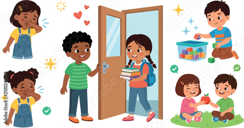 Foto Good Manners and School Etiquette Kids Vector Character Set with Polite Children