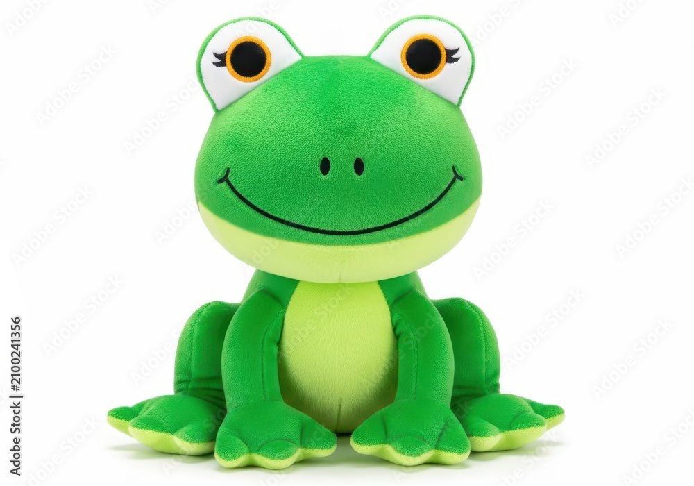 Obraz premium Cute Green Plush Frog Toy Sitting on White Background - Soft Stuffed Animal for Kids and Nursery Decor