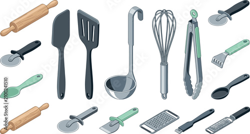 Cuadro en lienzo Isometric Kitchen Utensils and Cooking Tools Vector Icon Set with Rolling Pin, S