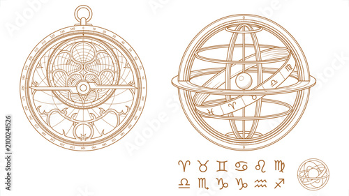 Bild auf Leinwand Astrolabe and armillary sphere drawings with zodiac symbols on a white backgroun