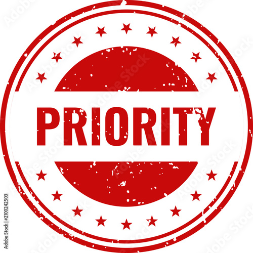 Priority stamp with stars red ink distressed texture isolated on white background