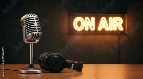 Vintage silver microphone and professional headphones on wooden desk under warm on air neon sign