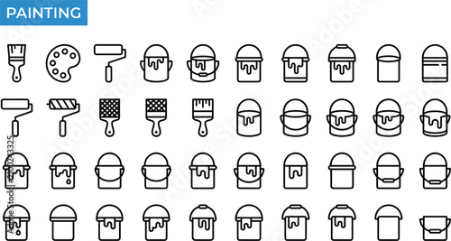 Art painting and home renovation line icons set with dripping paint buckets rollers brushes palette and construction tools