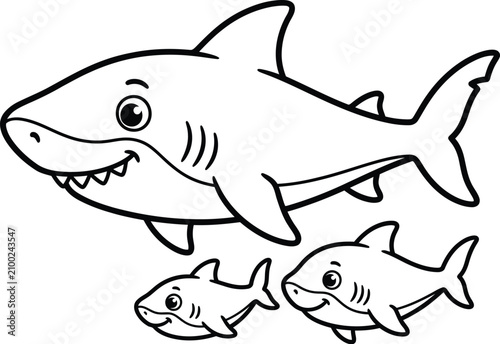 Cute Cartoon Shark Family Coloring Page Illustration for Children Marine Life Scene