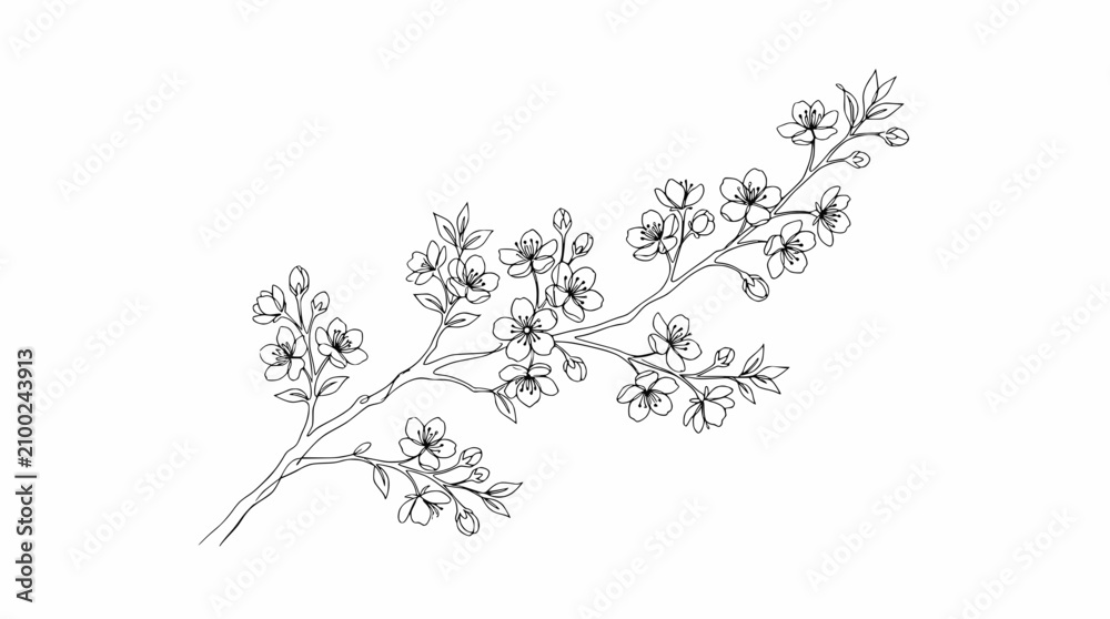 Fototapeta premium Delicate Cherry Blossom Branch Sketch - Black and White Botanical Line Art