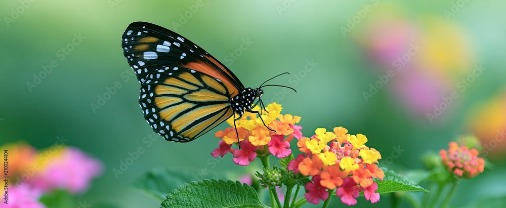 Obraz premium Colorful butterfly resting on vibrant flowers, highlighting intricate wing patterns against a softly blurred garden backdrop.