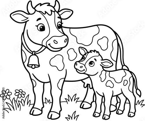 Mother cow and cute baby calf coloring page line art vector illustration