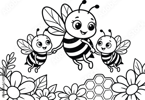 Mother bee and two cute baby bees flying coloring page line art vector