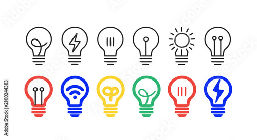 Light bulb idea icon set outline solid and colored style collection for creativity innovation inspiration energy solution and business concept vector illustration 