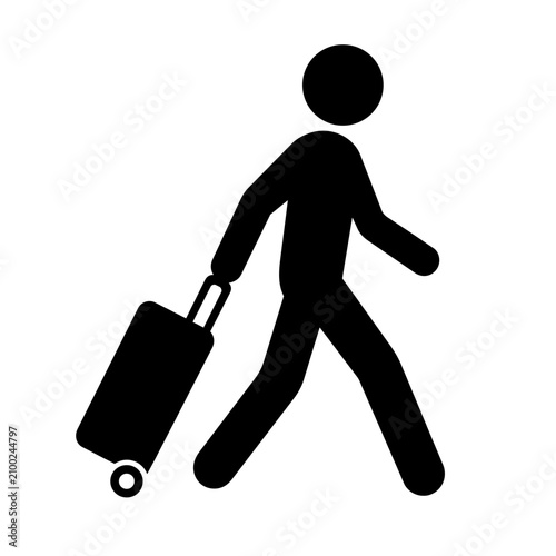 Black silhouette of a person pulling a rolling suitcase quickly