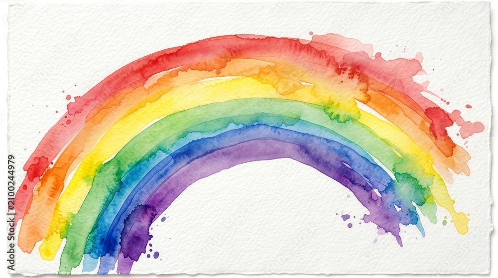 Obraz premium Vibrant watercolor rainbow illustration on white textured deckle edge paper with paint splatters