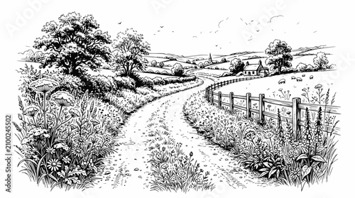 Obraz na płótnie Rural landscape with winding dirt road, farm, trees, and wildflowers in black and white sketch