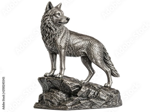 A majestic 3D wolf sculpture with realistic fur details, brushed silver finish, standing on a rugged mountain rock base, isolated on a pure white background