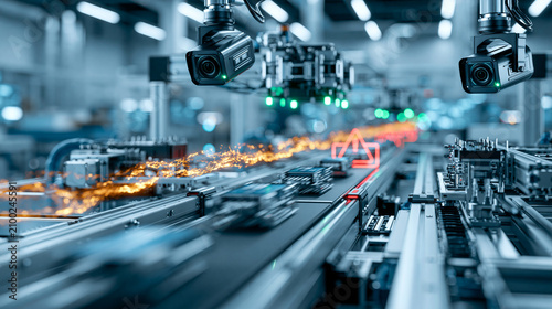Futuristic AI industrial inspection factory: a high speed automated production line in a modern facility, multiple products moving through an AI visual inspection zone. High precis