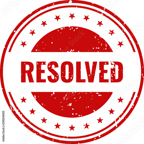 Red 'resolved' stamp with stars problem solved issue closed completion confirmation graphic