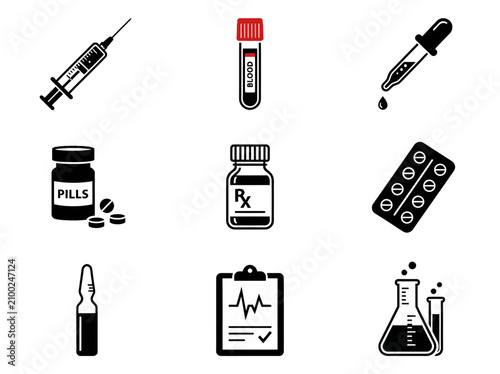 Medical supplies and healthcare equipment icons.