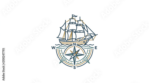 Schilderij op canvas Vintage sailing ship and compass rose illustration for nautical themes