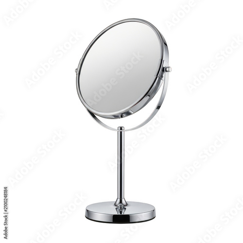 Round silver makeup mirror on a stand for beauty and grooming isolated on transparent background