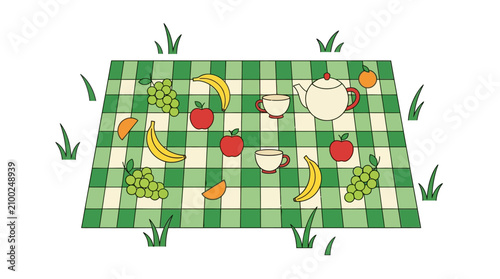 A green picnic blanket lies on grass with fruit and tea beside a pair of flip flops.