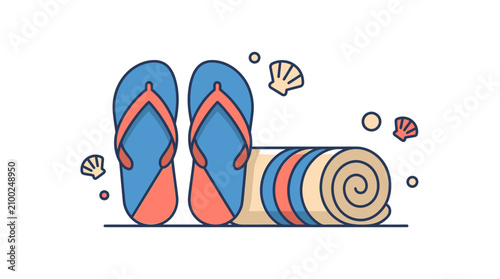 Summer Beach Vacation Illustration Featuring Blue Flip Flops and a Rolled Striped Towel with Seashells
