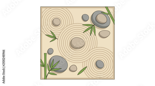 A serene landscape featuring rounded stones and lush green leaves on a sandy surface with concentric circular patterns.