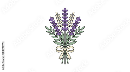 A beautiful lavender bouquet tied with a ribbon is centered in a landscape