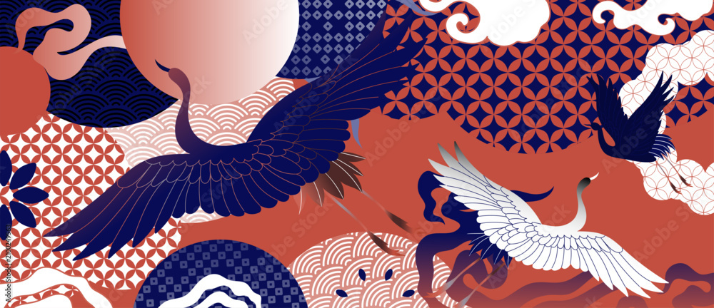 Fototapeta premium Japanese crane and moon background vector. Flying cranes, clouds and traditional geometric wave motifs in navy, coral and white for fabric, wallpaper, packaging and greeting cards.