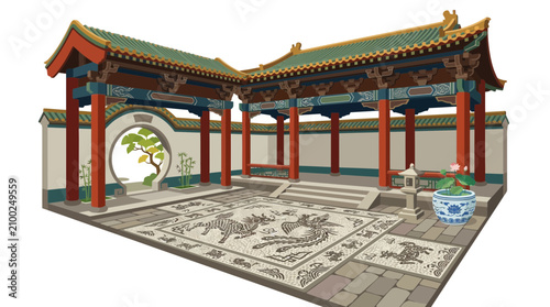 Konstfotografi Traditional Chinese Courtyard Architecture with Ornate Details and Garden Elemen