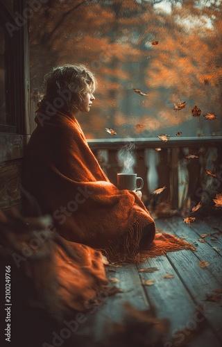 A cozy autumn day on the porch, а steaming cup of tea sits beside it as someone casts their gaze out at nature's beauty