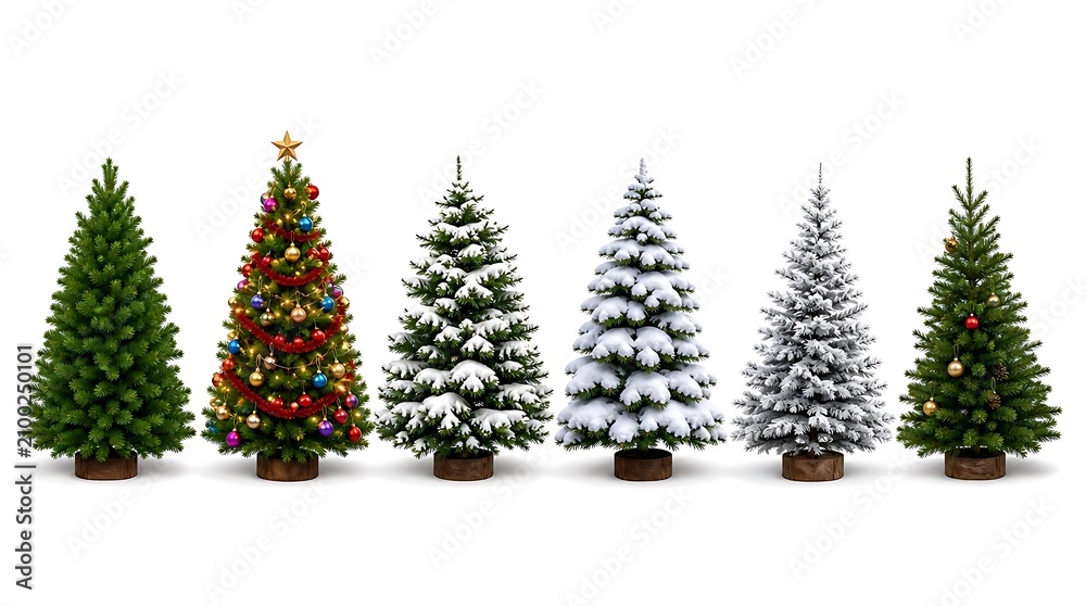 Fototapeta premium Five decorated christmas trees with different themes and ornaments, christmas
