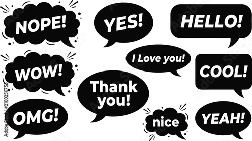 Tableau sur toile Black Speech Bubble Text Set with English Words and Comic Expressions for Chat S