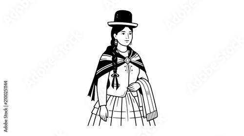 Tableau sur toile Bolivian woman in traditional dress, black and white illustration, chinita attir
